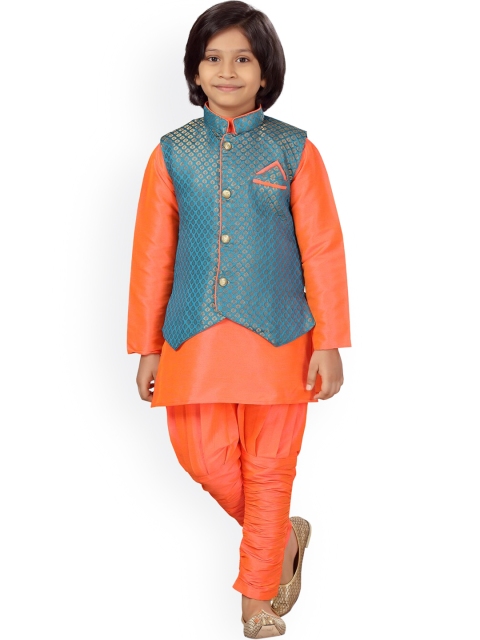 

LITTLE MAFIA BY Aarika Boys Orange & Green Regular Pure Silk Kurta with Pyjamas & Jacket