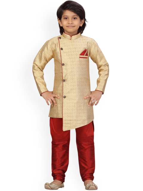 

LITTLE MAFIA BY Aarika Boys Beige & Maroon Pure Silk Kurta with Pyjamas