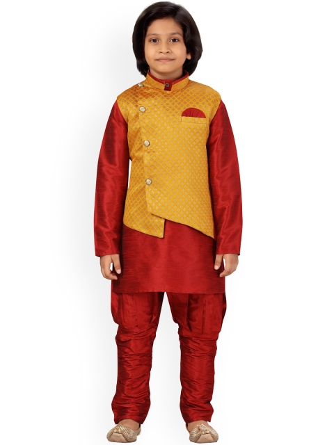 

LITTLE MAFIA BY Aarika Boys Yellow Pure Silk Kurta with Pyjamas & With Nehru Jacket