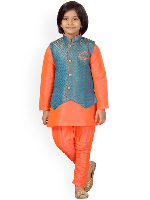 

LITTLE MAFIA BY Aarika Boys Green & Orange Regular Pure Silk Kurta Set & Nehru Jacket