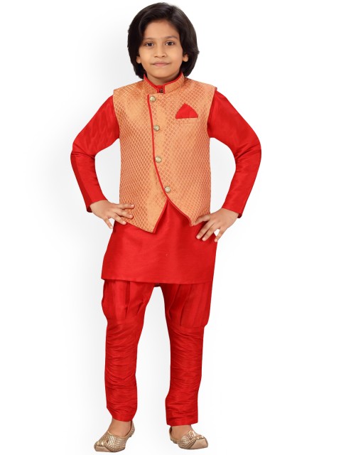 

LITTLE MAFIA BY Aarika Boys Red & Peach Layered Pure Silk Kurta With Pyjamas & Jacket