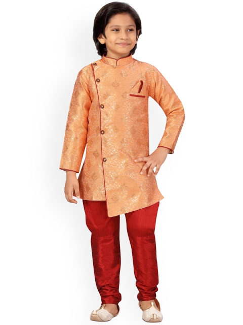 

LITTLE MAFIA BY Aarika Boys Peach-Coloured & Maroon Floral Pure Silk Kurta With Pyjamas