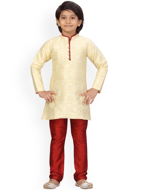 

LITTLE MAFIA BY Aarika Boys Cream-Coloured & Maroon Pure Cotton Kurta with Churidar