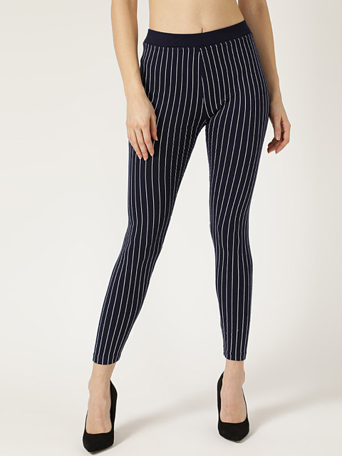 

V2 Value & Variety Women Navy Blue & White Polyester Striped Leggings