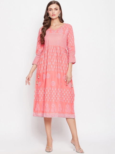 

Bitterlime Women Peach-Coloured Printed Block Print Handloom Anarkali Kurta