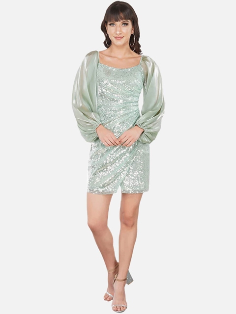 

ATTIC SALT Green Embellished Georgette Sheath Dress