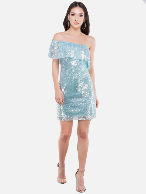 

ATTIC SALT Blue Embellished One Shoulder Georgette Sheath Dress