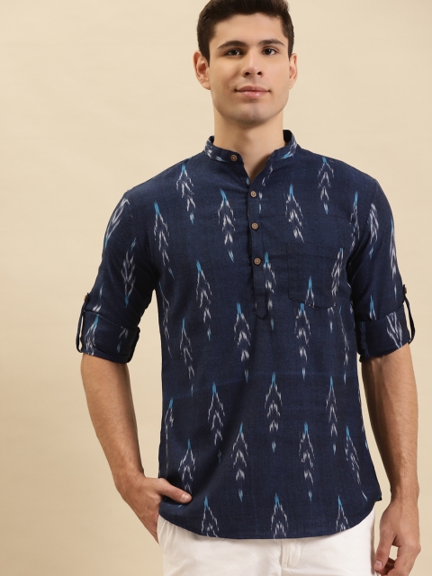 

RAJUBHAI HARGOVINDAS Men Navy Blue Printed Handloom Kurta