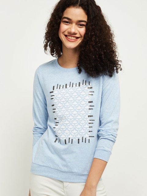 

max Women Blue & White Printed T-shirt