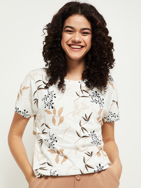 

max Women Off White Floral Printed Polo Collar Pockets T-shirt