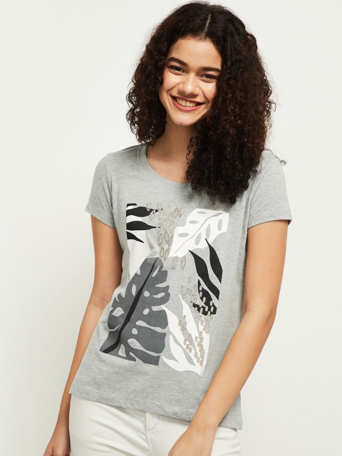 

max Women Grey Melange Printed Extended Sleeves T-shirt