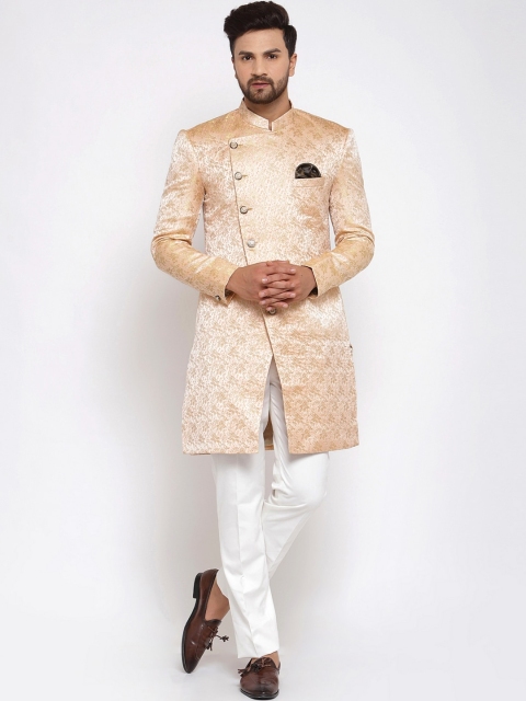 

KLOTTHE Men Gold-Toned & Orange Woven Design Sherwani Set