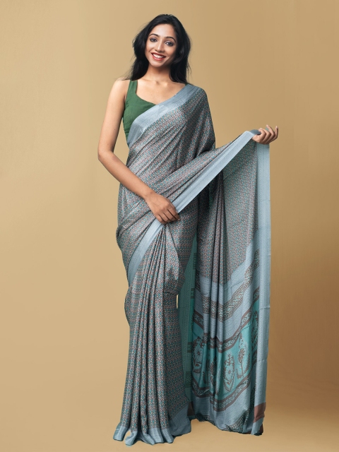 

Unnati Silks Blue & Grey Ethnic Motifs Art Silk Block Print Saree