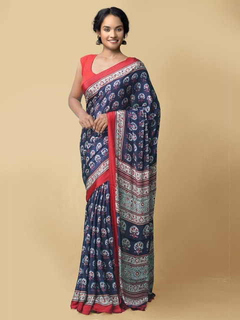 

Unnati Silks Women Blue & Red Printed Crepe Art Silk Saree