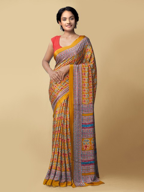

Unnati Silks Women Orange & Red Printed Crepe Art Silk Saree