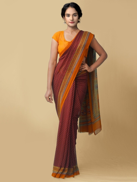 

Unnati Silks Maroon & Orange Ethnic Motifs Block Print Saree