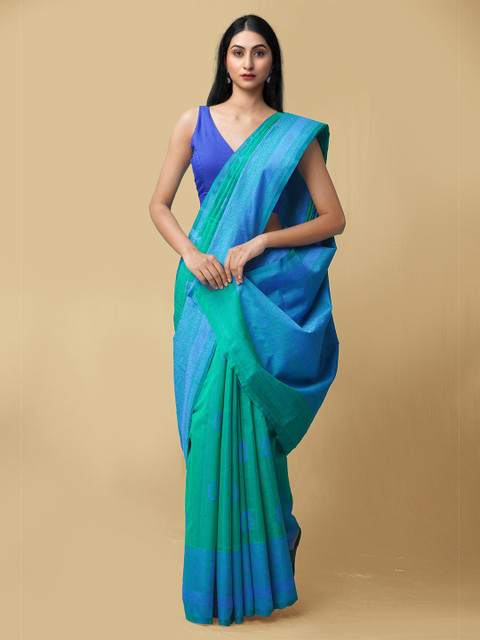 

Unnati Silks Green & Blue Woven Design Silk Cotton Mysore Silk Saree