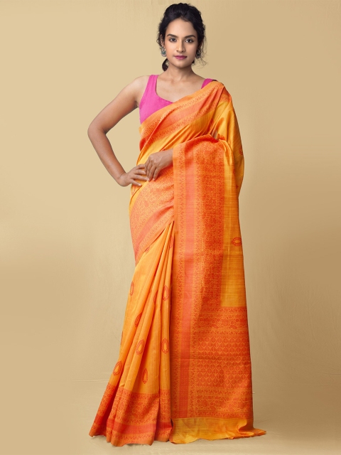 

Unnati Silks Orange & Red Ethnic Motifs Silk Cotton Mysore Silk Saree