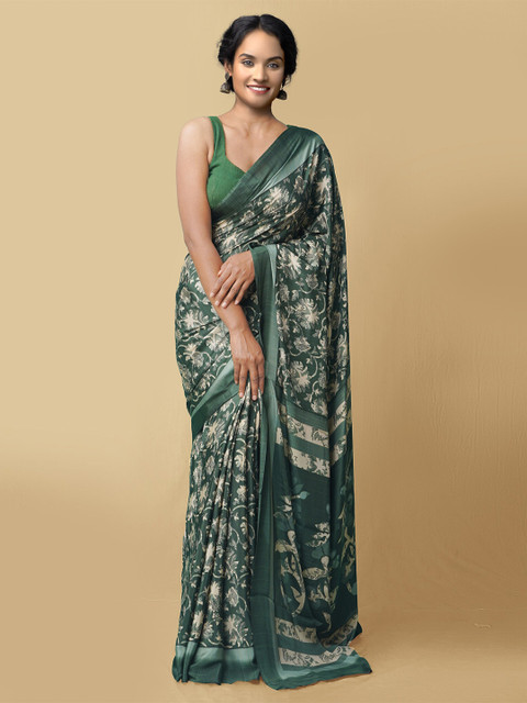 

Unnati Silks Green & White Floral Art Silk Block Print Saree