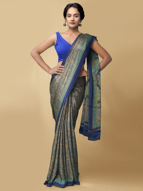 

Unnati Silks Green & Blue Floral Art Silk Block Print Saree