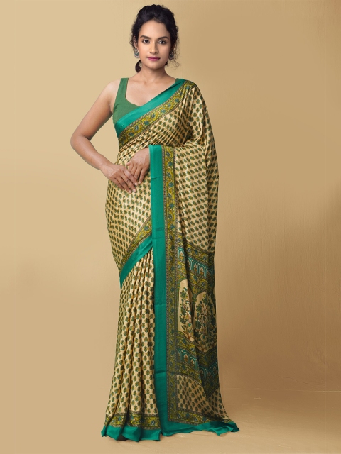 

Unnati Silks Brown & Yellow Ethnic Motifs Printed Art Silk Block Print Saree