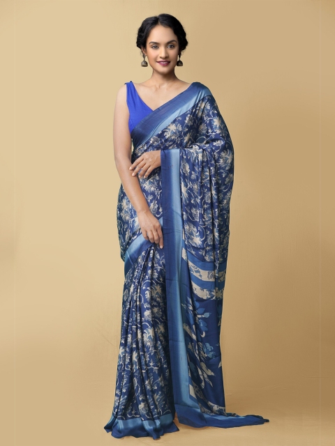 

Unnati Silks Blue & Grey Floral Art Silk Block Print Saree