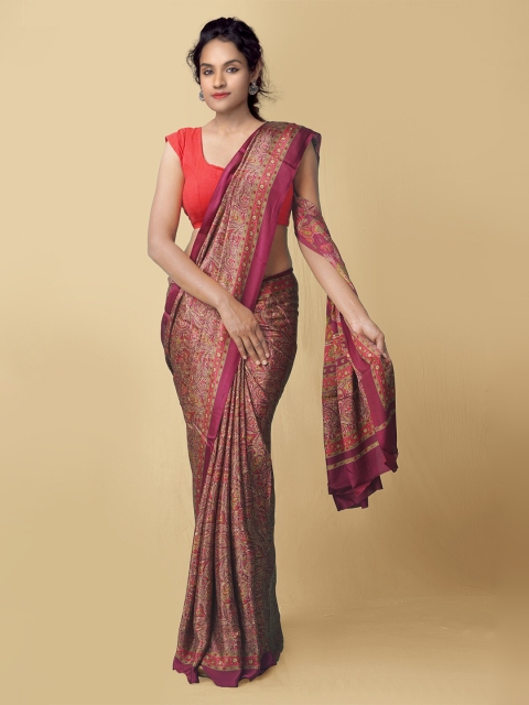 

Unnati Silks Maroon & Pink Floral Art Silk Block Print Saree