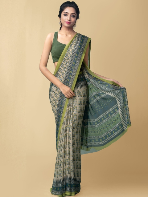 

Unnati Silks Brown & Green Block Print Saree