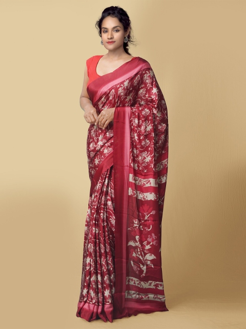 

Unnati Silks Red & Beige Floral Printed Art Silk Block Print Saree
