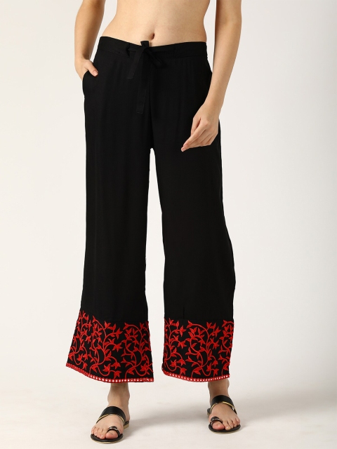 

V2 Value & Variety Women Black & Red Floral Embroidered Knitted Ethnic Palazzos