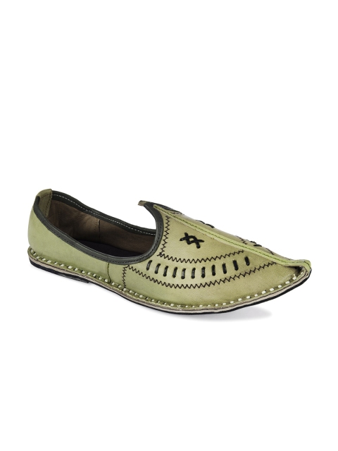 

Hulya Men Green Woven Design Leather Mojaris