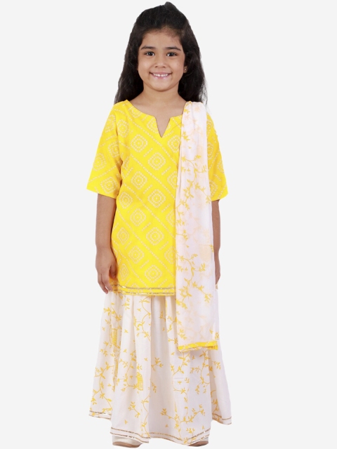 

ahhaaaa Girls Yellow Bandhani Printed Pure Cotton Kurti with Skirt & With Dupatta