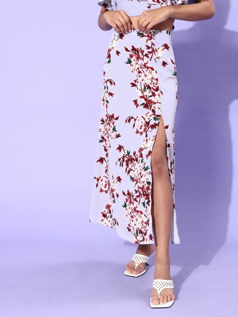 

Berrylush Women Blue Floral Printed High-Slit Midi Skirt