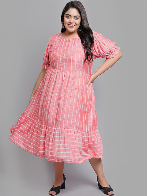 

PrettyPlus by Desinoor.com Pink Striped A-Line Midi Dress
