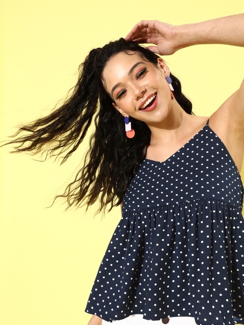 

Berrylush Women Navy Blue Polka Dotted Peplum Top