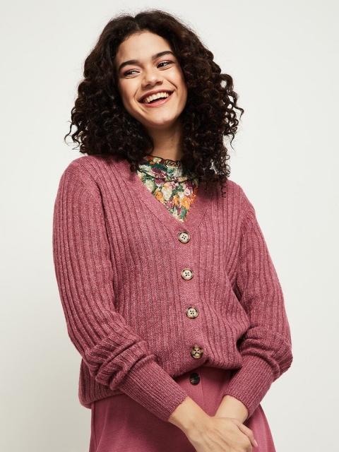 

max Women Pink Ribbed Cardigan