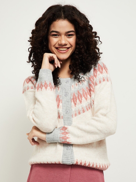 

max Women Pink & Cream-Coloured Printed Cardigan