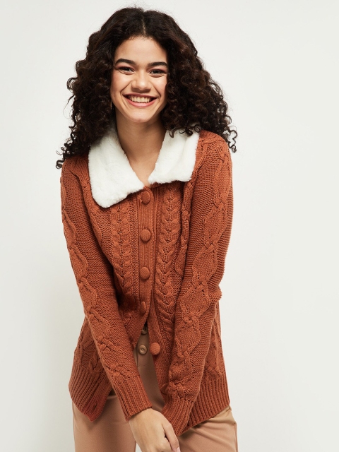 

max Women Brown & White Open Knit Cardigan Sweater