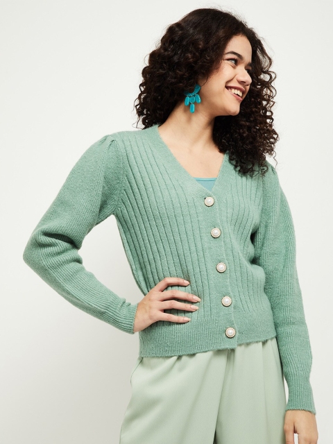 

max Women Green Ribbed Front-Open Sweater