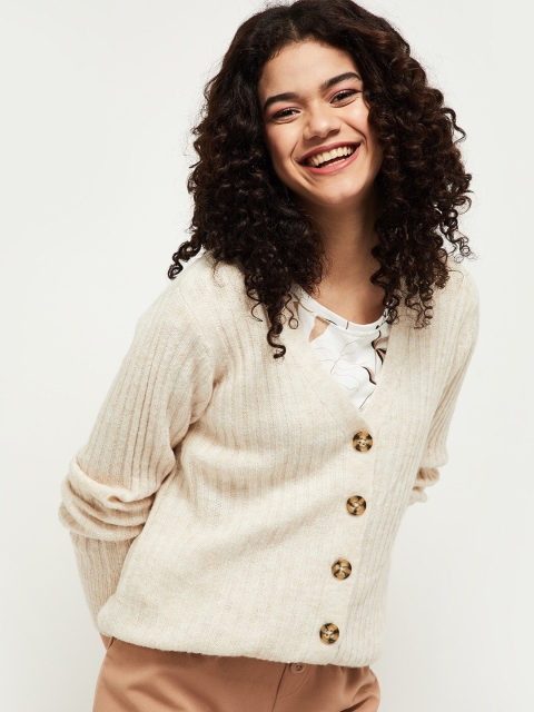 

max Women Beige Ribbed Cardigan