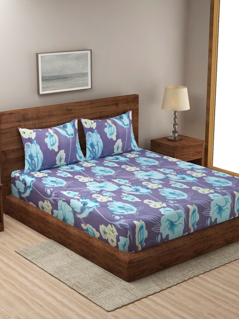 

NEUDIS Grey & Blue Floral 180 TC Queen Bedsheet with 2 Pillow Covers