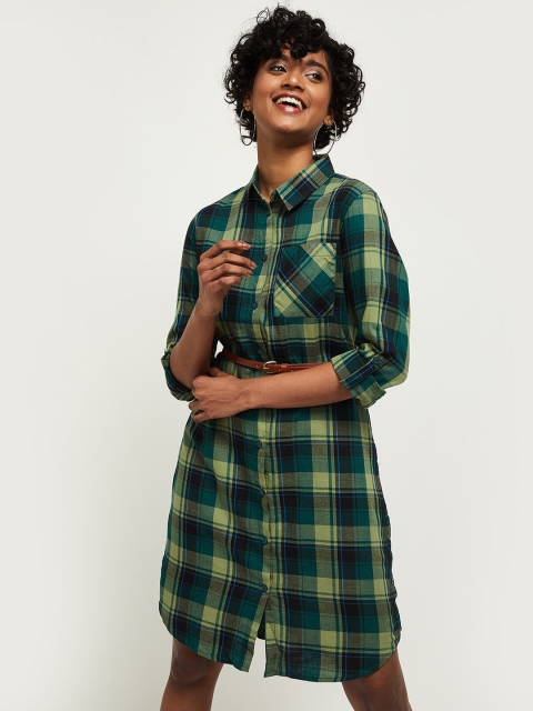 

max Olive Green & Blue Checked Pure Cotton Shirt Dress