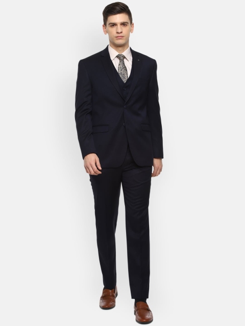 

Van Heusen Men Navy Blue Solid Slim Fit Formal Three Piece Suit
