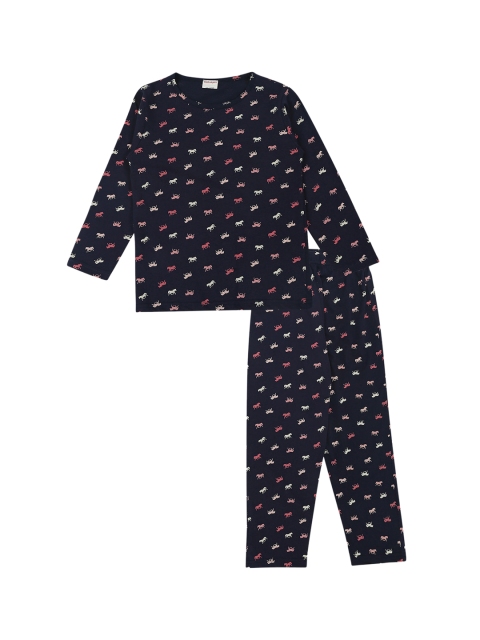 

RAINE AND JAINE Girls Navy Blue & Multicoloured Printed Night Suit