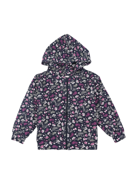 

RAINE AND JAINE Girls Navy Blue & Purple Printed Pure Cotton Hooded Sweatshirt