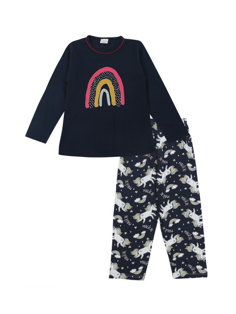 

RAINE AND JAINE Girls Navy Blue & White Printed Night Suit