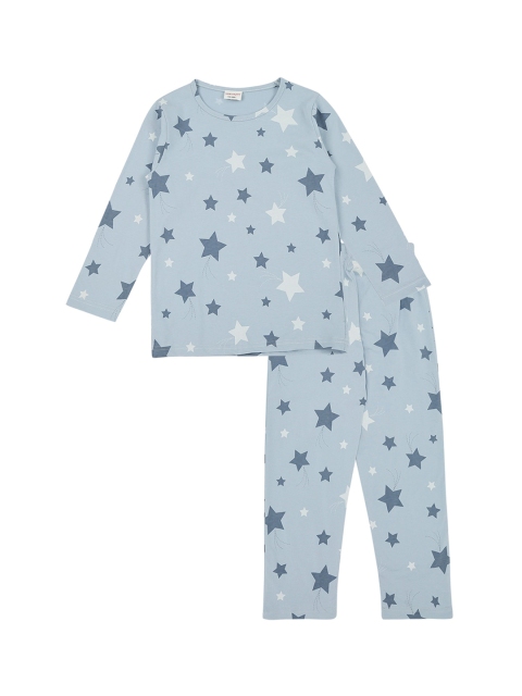 

RAINE AND JAINE Girls Blue & White Printed Pure Cotton Night suit