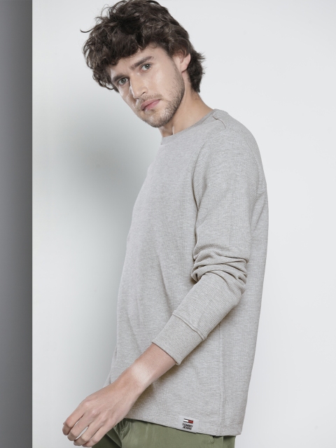 

Tommy Hilfiger Men Grey Self Designed Full Sleeved Pure Cotton T-shirt