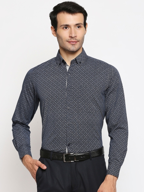 

Solemio Men Navy Blue Opaque Printed Formal Shirt