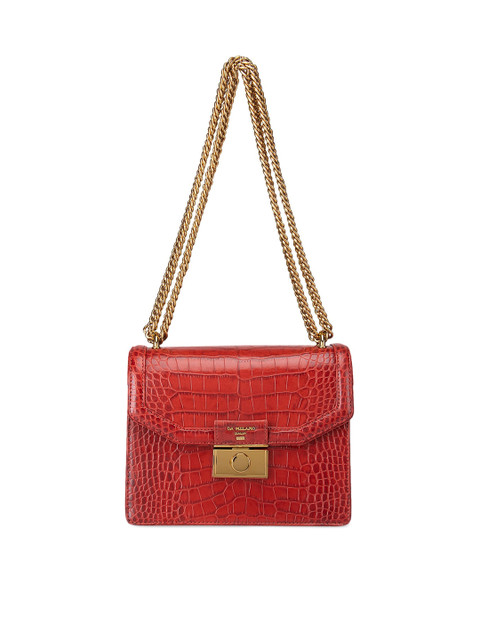 

Da Milano Red Animal Textured Leather Structured Shoulder Bag with Applique